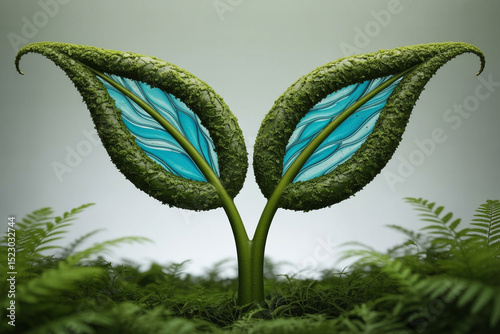 Surreal Green Plant with Vibrant Blue Glass Leaves Emerging from Lush Greenery