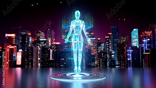 Digital Woman Hologram in Futuristic Cityscape A Glimpse into the Metaverse