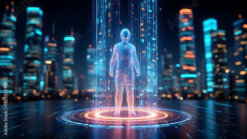 Digital Human  A Futuristic Vision of Technology and Cityscapes