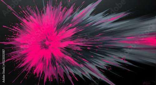 Dramatic Acrylic Splatter Painting With Pink Burst Effect And Streaking Grays