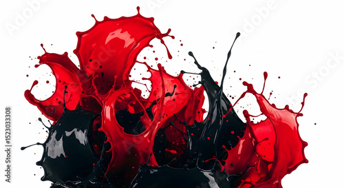 Dynamic Collision of Red and Black Liquid Creates an Abstract Explosion