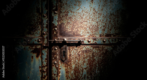 Old Worn Door Texture With Metal Accent And Lock In Vintage Style photo