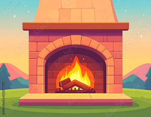 Cartoon fireplace in a landscape