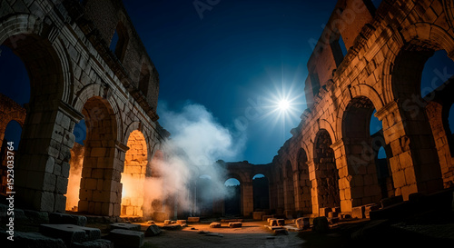Ancient Roman Amphitheater Illuminated By Night Sky And Rising Mystical Smoke