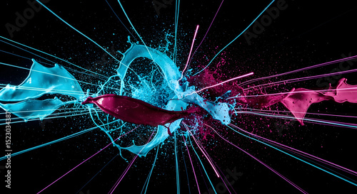 Dynamic Collision Of Liquids With Light Ray Bursts On Dark Canvas