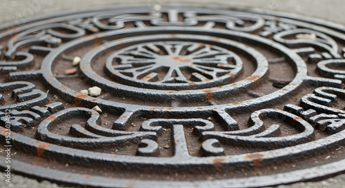 Ornate Metal Manhole Cover Featuring Geometric Design with Signs of Ageing
