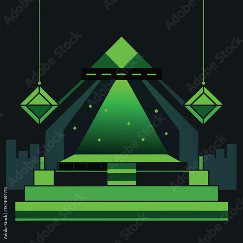 Abstract geometric emerald green building with futuristic cityscape and suspended gems