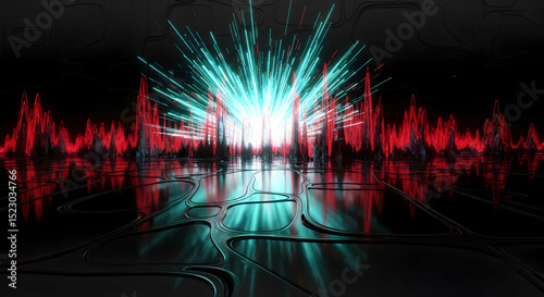 Futuristic Landscape With Light Rays And Metallic Reflection Surface