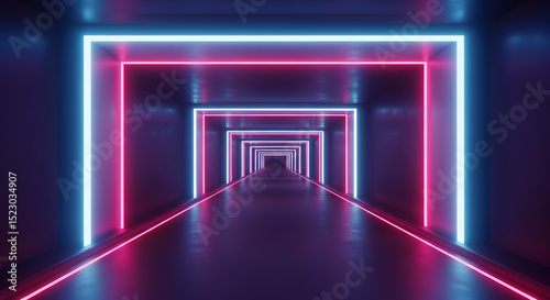Neon Light Tunnel With Glowing Pink And Blue Lines Perspective