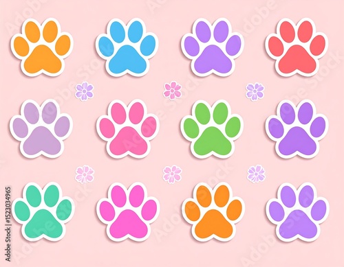 Colorful paw prints on pink background