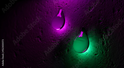 Vibrant Drops Illuminated on Textured Surface with Contrasting Colors