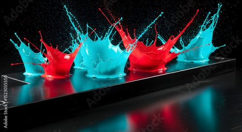 Dynamic Color Bursts Vibrant Liquid Splashes on Reflective Surface Art