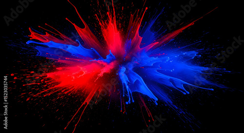 Dynamic Splatter Of Electric Blue And Crimson Paint On Black Backdrop