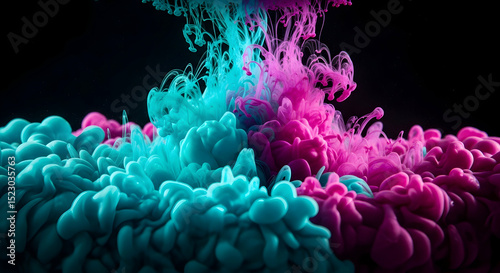 Elegant Turquoise And Carmine Ink Flowing Into Water On Black Background