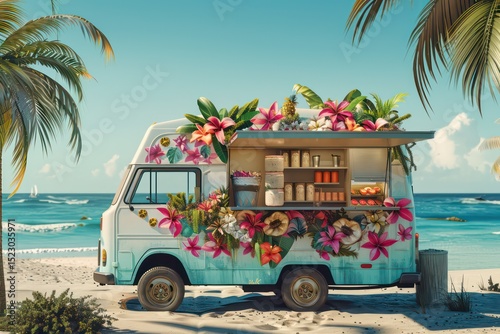 A seaside food truck decorated with vibrant tropical flowers and palm fronds, serving up refreshing coconut ice cream on a sweltering summer day. 