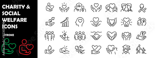 Charity and Social Welfare Icons – Donation, Volunteering, and Nonprofit Symbols