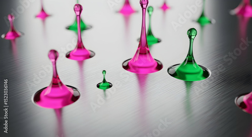 Abstract Display Of Pink And Green Glassy Shapes On Textured Surface