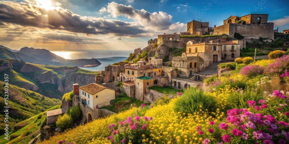 Obraz premium Capture the essence of Sicily: sun-kissed shores, historic ruins, lively villages.