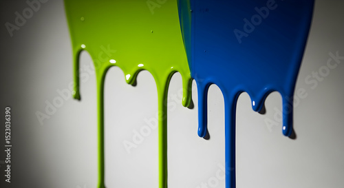 Fluid Combination: Green and Blue Acrylic Paint Dripping Downward