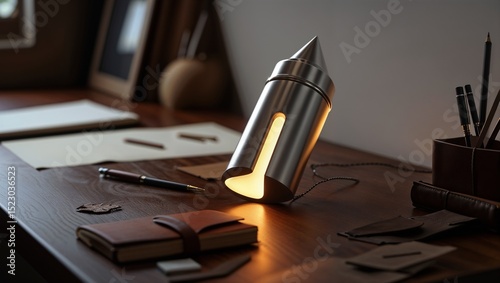 A creatively designed pencil-shaped lamp illuminating a desk in a cozy workspace	