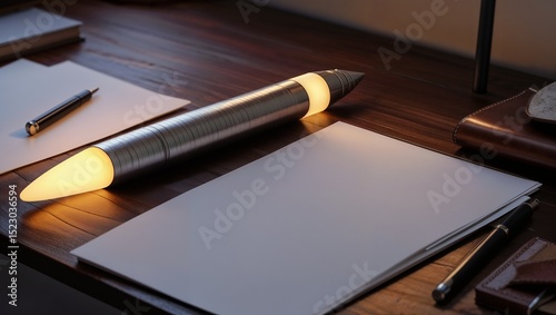 A creatively designed pencil-shaped lamp illuminating a desk in a cozy workspace	
