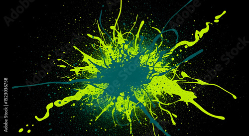 Abstract Splash Of Neon Green And Teal Paint On Black Background