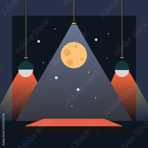 Abstract stage scene with illuminated moon and suspended lamps in flat design