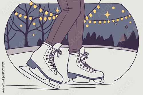 Close-up of ice skates gliding on outdoor rink with winter lights at night