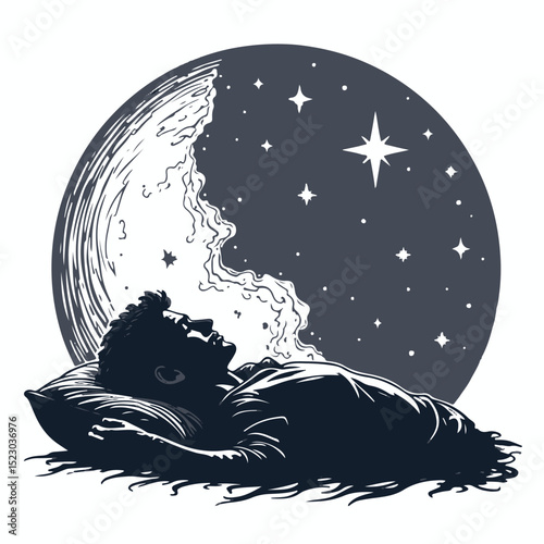 Dreamscape Silhouette: A solitary figure finds tranquility in slumber beneath a celestial canvas of stars and a radiant moon, embracing the night.