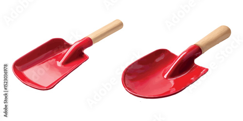 Two red metal shovels with wooden handles, isolated on white background