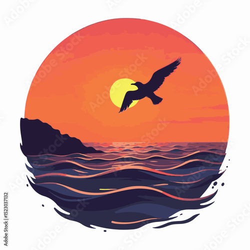 Seabird's Sunset Flight: Capturing the serene dance of a seagull as it soars gracefully against the fiery backdrop of a sunset over the vast ocean, a scene of pure tranquility and natural beauty.