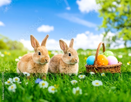 Two bunnies in a meadow with Easter eggs