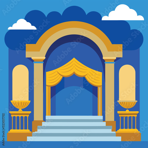 Cartoon illustration of a classical theatre stage with ornate pillars and a golden curtain