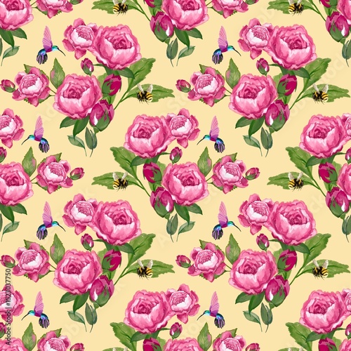 Fototapeta Naklejka Na Ścianę i Meble -  Seamless pattern of cute pink peony flowers. Vintage. Hand drawn. Watercolor on a yellow background
