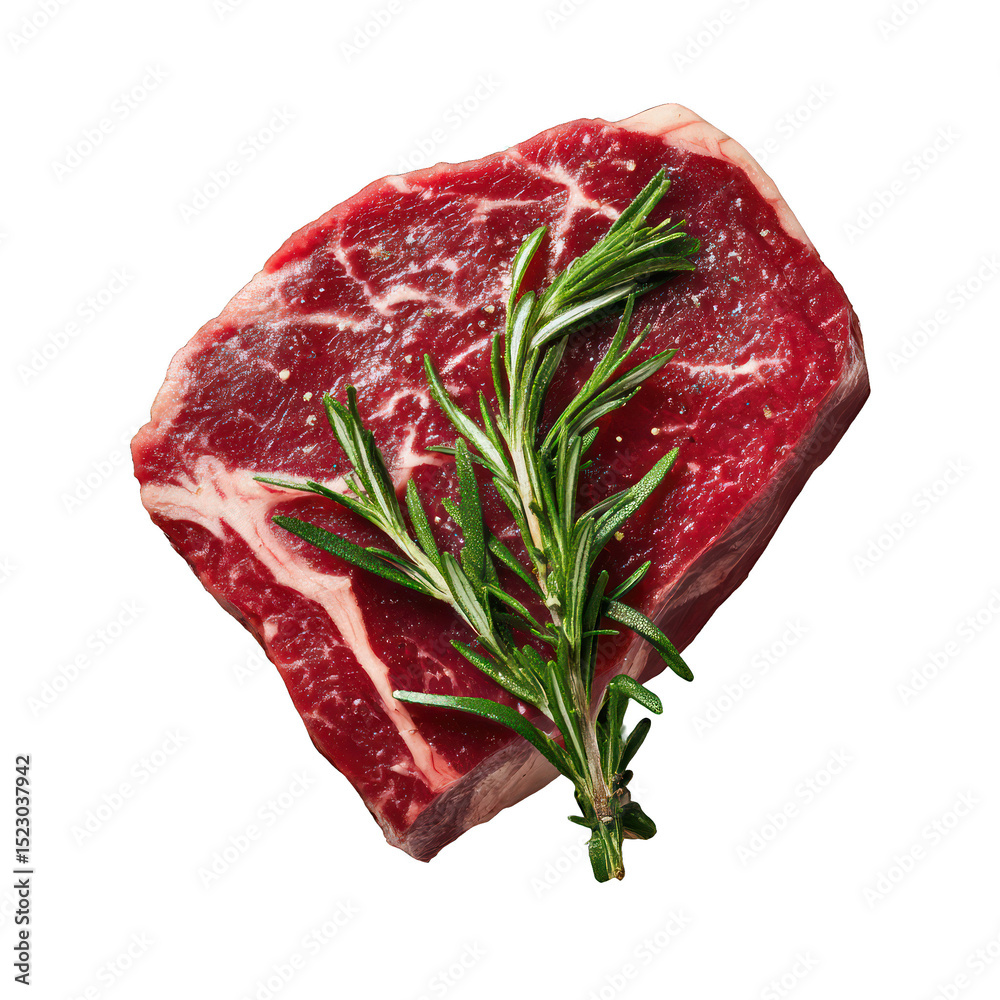 Obraz premium Exquisite cut of raw beef steak garnished with fresh rosemary on black background