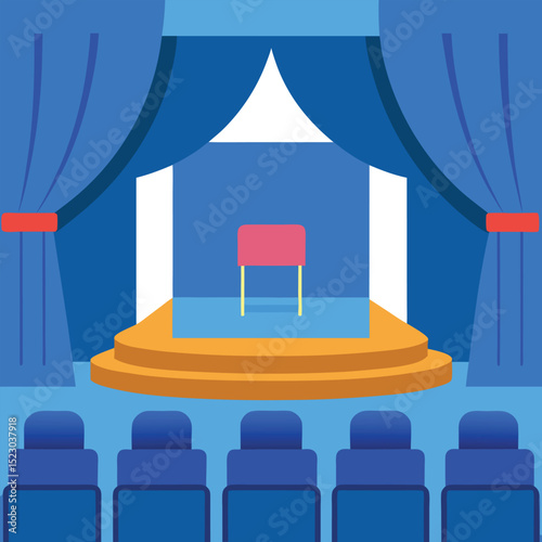 Cartoon illustration of a stage with blue curtains and an audience seating arrangement