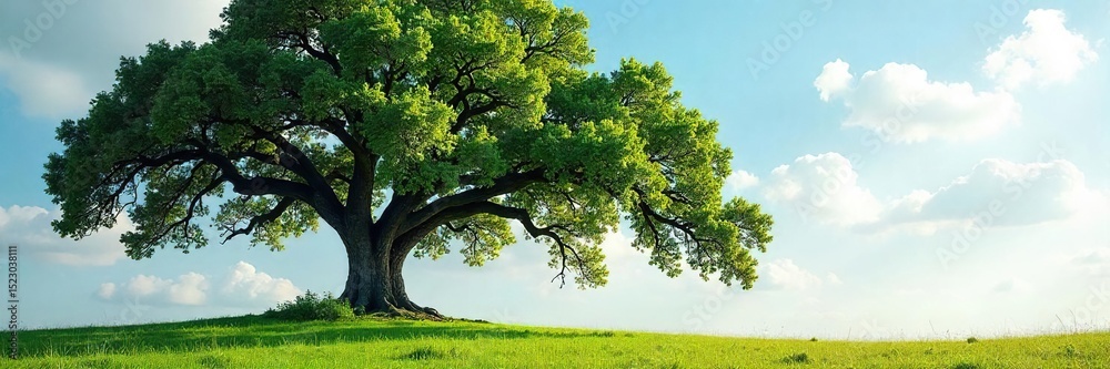 Fototapeta premium A majestic oak tree sways freely in a gentle breeze, its branches reaching towards the sky, leaves rustling with the wind A serene and peaceful image of natural freedom , vibrant, movement