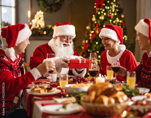 Santa with family enjoying Christmas dinner