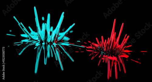 Dynamic Splash Forms in Vibrant Cyan and Crimson on a Black Backdrop