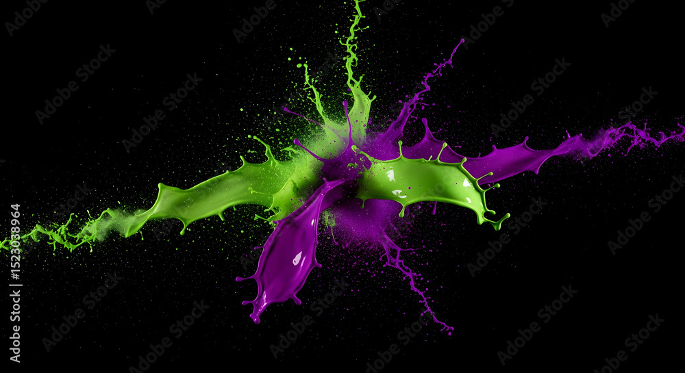 Obraz premium Vivid Paint Splashes Collision Of Green And Purple Hues On Dark Backdrop
