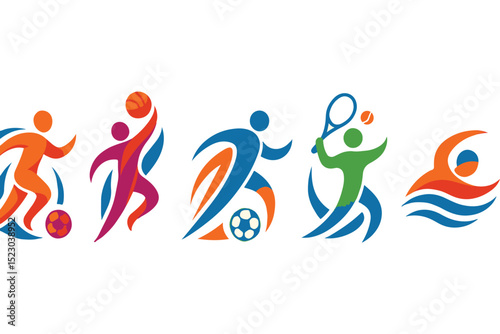 Vibrant sports icons set showcasing different athletes in action including basketball, soccer, tennis, and swimming icon set