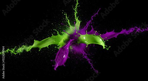 Vivid Paint Splashes Collision Of Green And Purple Hues On Dark Backdrop