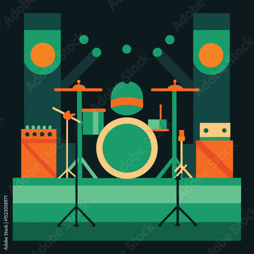 Colorful illustrated drum set stage design with green and orange in a geometric style