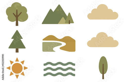 Nature themed icon set featuring trees, mountains, sun, and water elements in vibrant earthy colors icon set