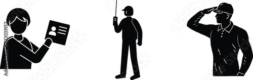 Security Guard Silhouette Set . Walkie Talkie, Salute and ID Check Vector Art