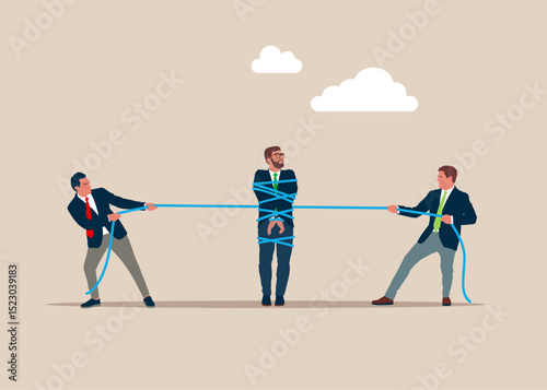 Man tied by a rope held by 2 businessmen. Crash in business and career. No income and debt is increasing. Analyze data, crash and Company Bankruptcy. Vector illustration