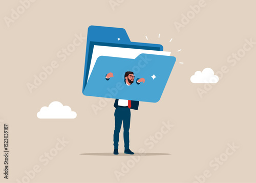 Punishment businessman in medieval pillory, humiliation and punishment. Organize document files into archive folders. Flat vector illustration
