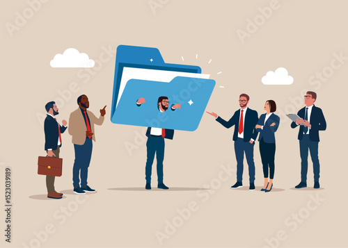 Business team and punishment businessman in medieval pillory, humiliation and punishment. Organize document files into archive folders. Flat vector illustration
