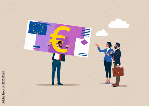 Businessman put her head in guillotine banknote Euro. Humiliation and punishment. Employer domination exploitation. Tax burden or financial problem and difficulty. Flat vector illustration