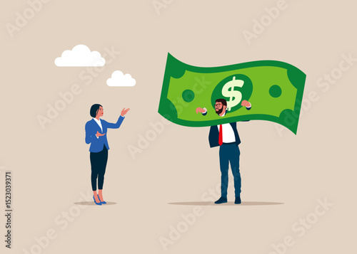 Tax burden or financial problem and difficulty. Businessman put her head in guillotine banknote dollar. Humiliation and punishment. Employer domination exploitation. Vector illustration
